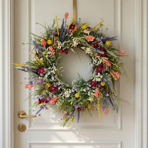 Frühlingsblumenkranz für die Haustür | Sommerlicher Blumenkranz | Farbenfrohe Boho-Türdekoration | Landhaus-Türkranz als Geschenk | Türkranz im Bauernhausstil