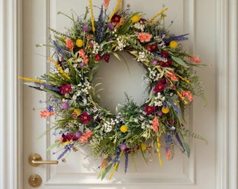 Wildflower Spring Wreath Front Door | Summer Floral Wreath | Colorful Boho Door Decor | Cottagecore Wreath Gift | Farmhouse Door Wreath