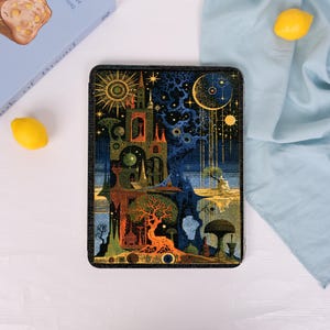 May include: A rectangular e-reader case featuring a detailed illustration of a tall, multi-tiered tower structure surrounded by stylized trees, a large sun, and a crescent moon against a dark blue and gold background with intricate patterns.