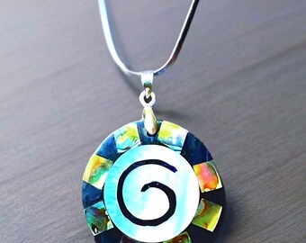 Paua Abalone Shell Spiral Meditation Pendant w/ 18-20” Hypoallergenic Chain - Free Gift Box