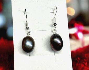 Pendientes de gancho artesanales de plata 925 con perla natural de Tahití morada/negra de 10-12 mm (caja de regalo)