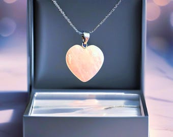 Collar con colgante de corazón curativo de cuarzo rosa pulido de 20 mm y 45 cm (18 pulgadas)