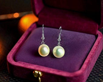 Pendientes de gancho de plata 925 con perla blanca natural del Mar del Sur de 11-12 mm (caja de regalo)