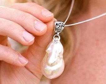 Collar con colgante de perla barroca blanca (sin níquel, ajustable) - Incluye caja de regalo a juego