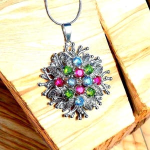 Vintage Floral Multi-Gemstone 925 Sterling Silver Pendant 20-22” Adjustable Steel Necklace