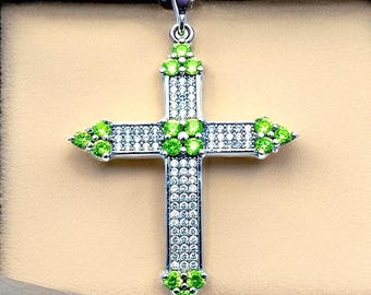 Green Amethyst Cross Pendant, White Topaz, 925 Silver Pendant w/ 18-20” Adjustable Necklace