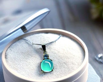 Green Prehnite Blue Topaz 925 Silver Pendant Necklace - Free Gift Box