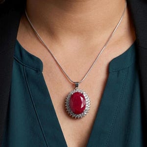 Red Ruby Halo Pendant, White Sapphire, 925 Silver Necklace