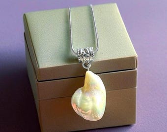 Aurora White Baroque Pearl Pendant Necklace, Freshwater Flame Ball Solitaire (28x18mm)