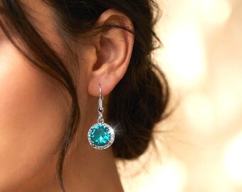 Pendientes de gancho con halo de topacio azul y zafiro blanco de 2,00 ct, plata de ley 925 (caja de regalo incluida)