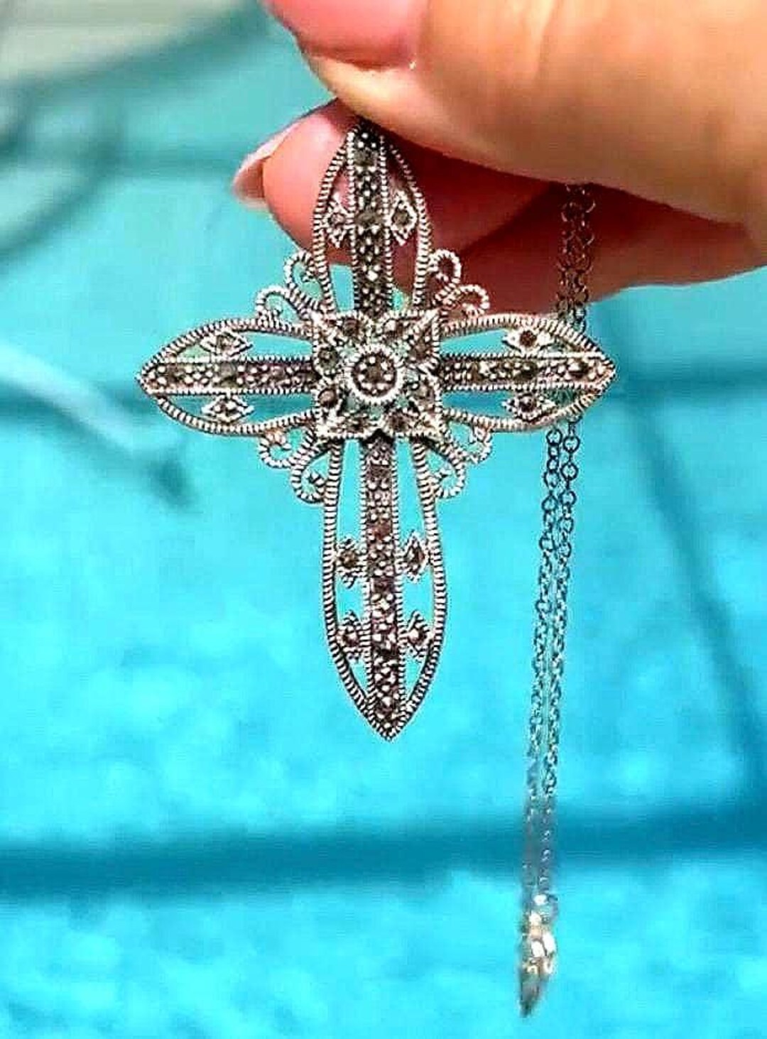 Vintage 925 Silver Marcasite Cross Pendant Necklace – Signed DBJ ...