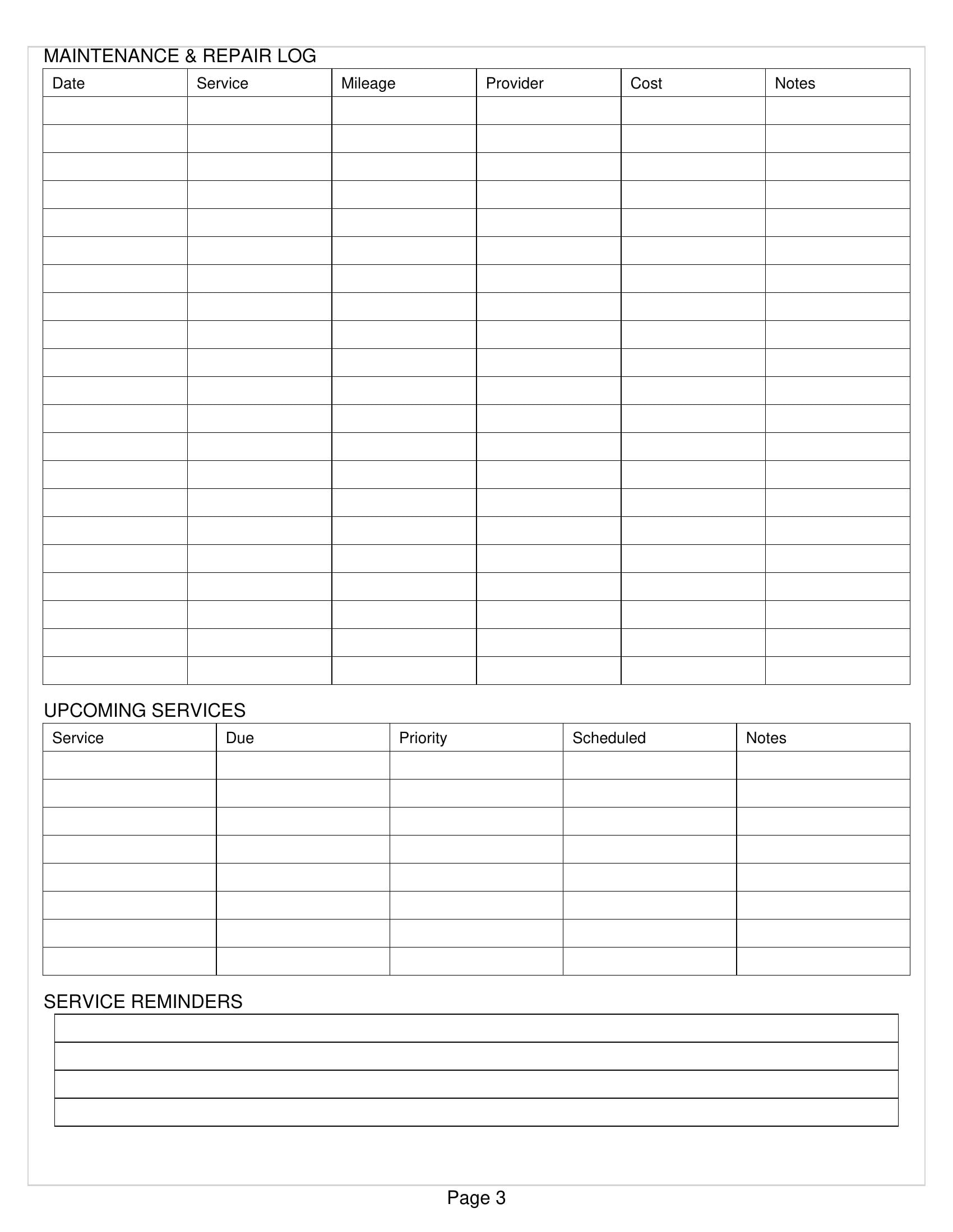 Vehicle Maintenance Log Printable Car Truck Motorcycle Service Record ...
