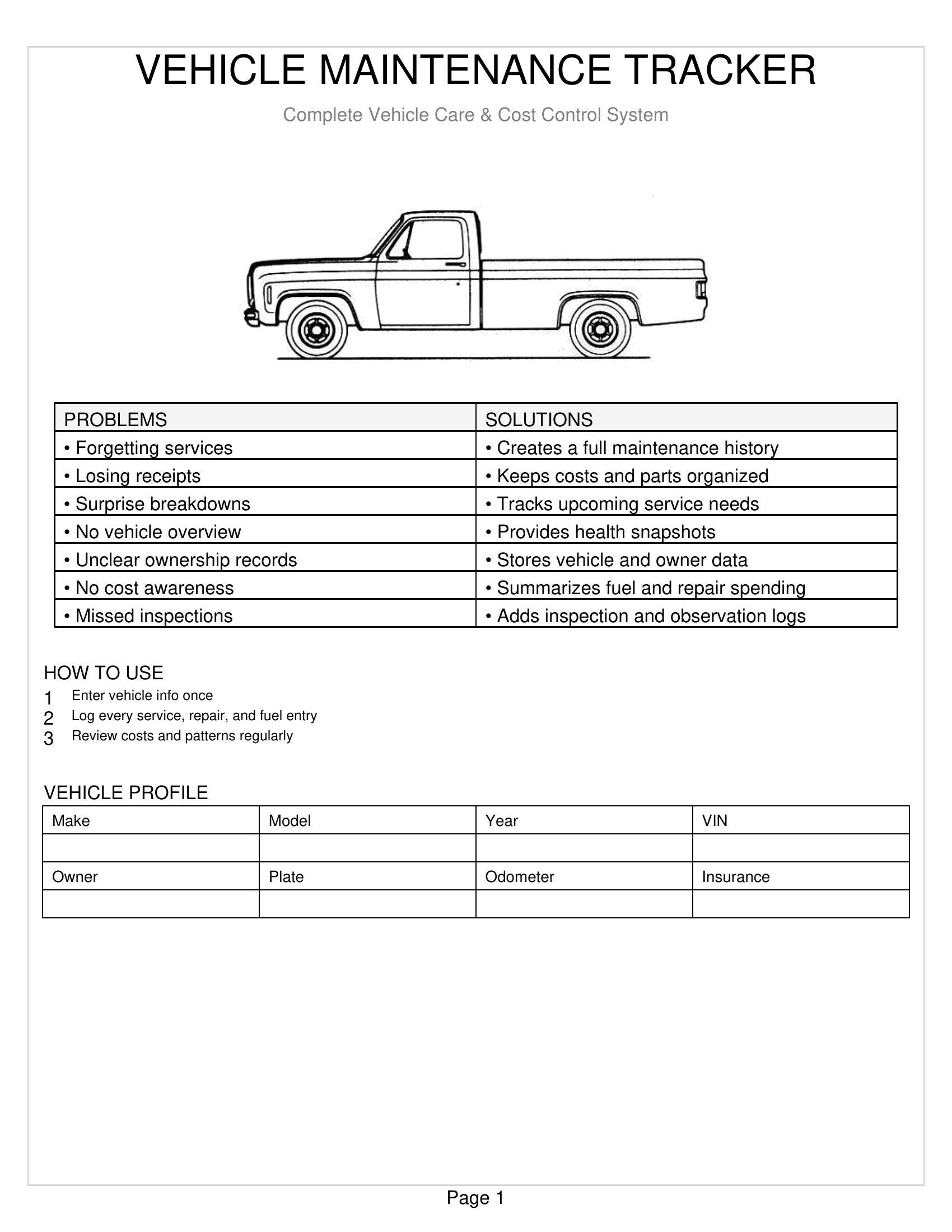 Vehicle Maintenance Log Printable Car Truck Motorcycle Service Record ...