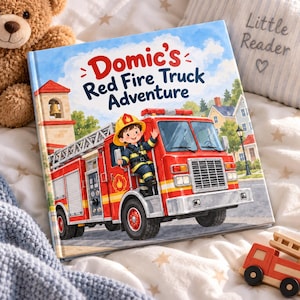 Pode incluir: Um livro infantil de capa dura intitulado Domic's Red Fire Truck Adventure. A capa apresenta um caminhão de bombeiros vermelho brilhante com uma escada, um bombeiro de desenho animado com capacete amarelo e um quartel de bombeiros.