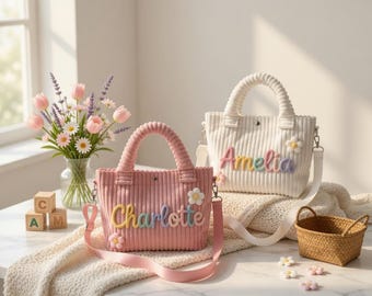Personalized Corduroy Tote Bag with Crochet Name, Custom Hand Embroidered Shoulder Bag, Unique Boho Handbag, Birthday Gift for Her, Kids Bag