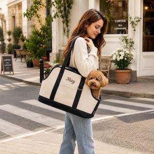 May include: A cream-colored canvas pet carrier bag with black trim and handles, featuring the name May embroidered in brown script on the front. A small brown poodle is sitting inside the open top of the bag, which has a metal D-ring attached.