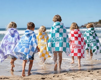Personalized Kids Hooded Beach Towel, Custom Checkered Surf Poncho for Toddlers, Kids Name Swim Towel Beach Cover Up Swim Gift Boy Girl