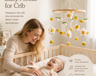 Bee  Baby Mobile Hanging Crib Decor, Cute Bee & Flower Nursery Toy, Sensory Development, Nursery Decor, Newborn Gift, Baby Shower,Bed Chime