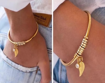 Custom Family Name Bead Bracelet •  Gold/Silver/Rose Gold • Personalized Leaf & Birthstone Charm • Mother's Day Gift for Mom/Her