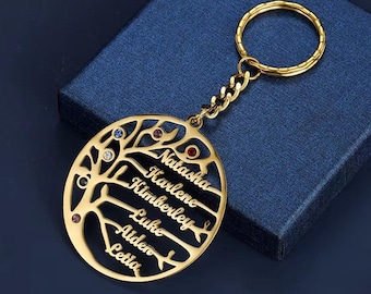 Custom Family Tree of Life Keychain • 1-6 Names • Birthstones • Gold/Silver/Rose Gold • Personalized Mother's Day Gift for Mom