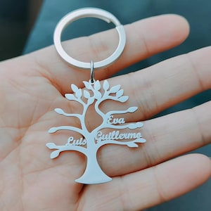 May include: Silver-colored family tree keychain with the names "Eva", "Guillermo", and "Luis" engraved on the branches. The keychain has a circular ring at the top for attaching keys.