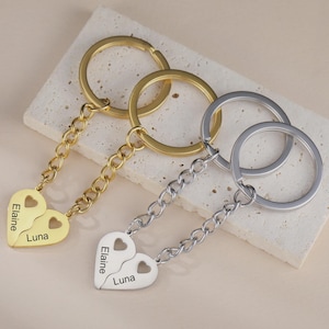 Custom Split Heart Couple Keychain • Engrave 2 Names • Gold/Silver Stainless Steel Matching Key Ring Gift for Couple/Family
