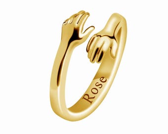 Custom Hug Ring • Personalized Name Engraved • Gold/Silver • Resizable Open Cuff • Romantic Hugging Hands Jewelry Gift for Her/Him/Couple