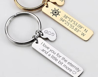 Personalized Coordinate Keychain for Couple • Gold/Silver • Custom Engraved Name/Message Stainless Steel Key Ring Gift