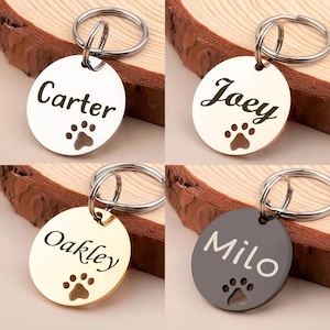 Custom Round Pet ID Tag • Engrave Name/Phone • Hollow Paw Print • Gold/Silver/Rose Gold Stainless Steel Dog/Cat Collar Charm