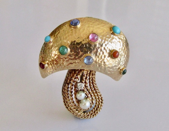 Large Vintage 9ct Gold Mushroom Multi Gem Set Broo