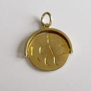 May include: A gold-toned circular pendant featuring a rotating center disc held within a semi-circular frame. The disc is engraved with abstract, segmented line markings that resemble stylized characters or symbols, and includes a small jump ring at the top.