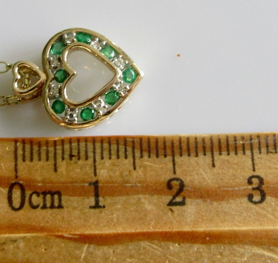 9k Gold Emerald and Diamond Heart Pendant and Cha… - image 6