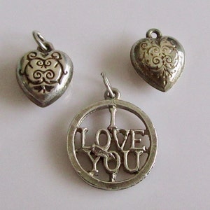 Trio of Sterling Silver Hearts and Love Charms