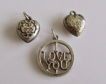 Trio of Sterling Silver Hearts and Love Charms