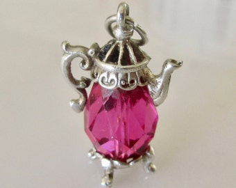 Sterling Silver Coffee Pot Charm set with Pink Crystal