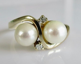 9ct Gold Double Pearl and Diamond Swirl Ring