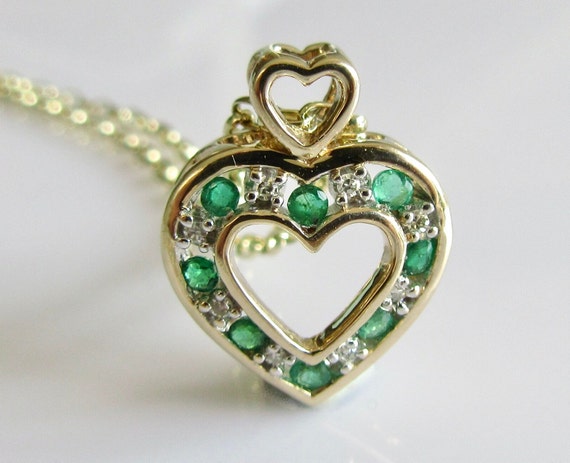 9k Gold Emerald and Diamond Heart Pendant and Cha… - image 1