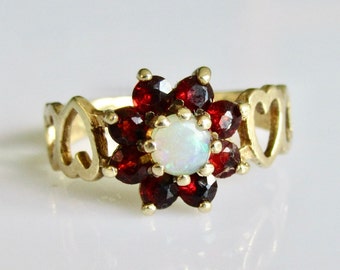 Vintage 9ct Gold Opal and Garnet Heart Ring