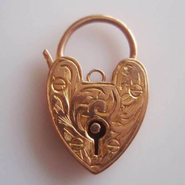 Vintage Rose 9ct Gold Engraved Heart Padlock Bracelet Charm