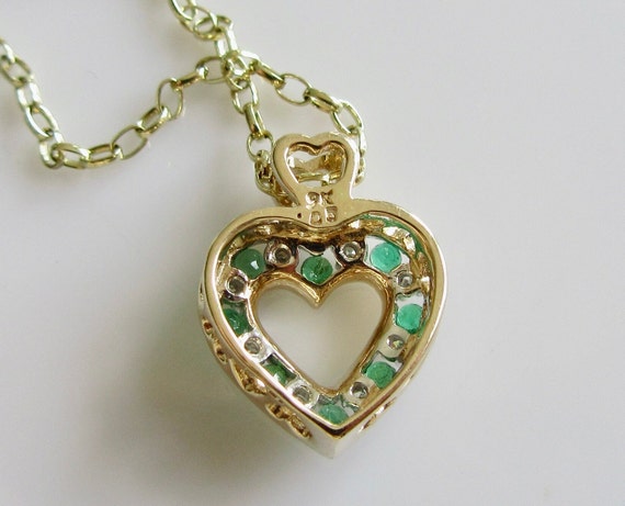 9k Gold Emerald and Diamond Heart Pendant and Cha… - image 9