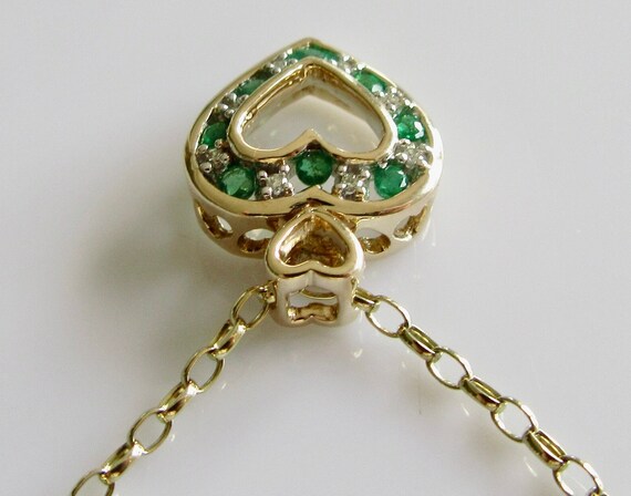 9k Gold Emerald and Diamond Heart Pendant and Cha… - image 4