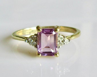 Vintage 9ct Gold Cushion Cut Amethyst and Diamond Ring