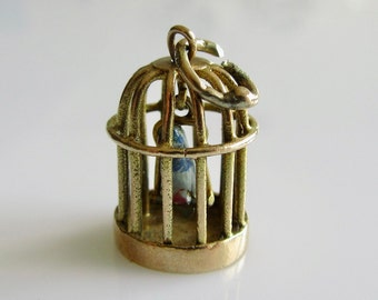 9ct Gold Bird in Cage Enamel Charm or Pendant