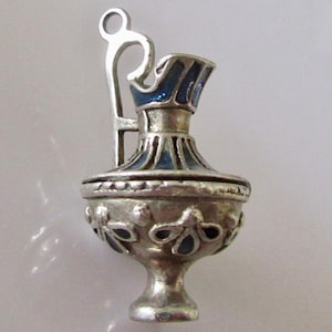 Large Silver Jug with Embossed and Enamel Design charm or Pendant