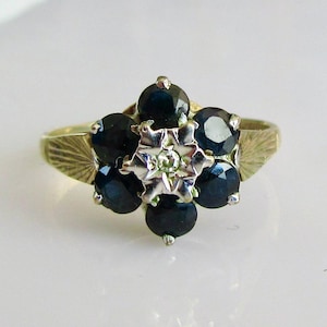 Vintage 9ct Gold Sapphire and Diamond Flower Cluster Ring