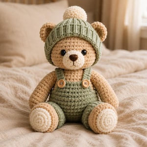 May include: A crocheted teddy bear with light tan yarn, wearing a sage green ribbed beanie with a matching pom-pom on top. The bear is dressed in sage green crocheted overalls featuring two small wooden buttons on the front straps and white yarn accents on the feet.