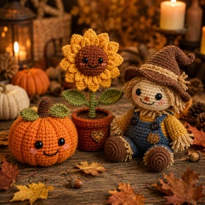 May include: A crocheted set featuring a smiling orange pumpkin, a sunflower in a brown pot, and a scarecrow doll wearing a brown hat and blue overalls. Each item has embroidered facial features, including black eyes and pink cheeks.