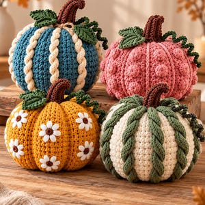 May include: Four crocheted pumpkins in various designs. One is blue with cream cable-knit stripes, one is pink with bobble textures, one is yellow with white daisy appliques, and one is cream with green cable-knit stripes. Each has a brown stem.