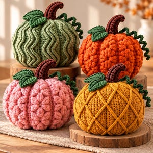 May include: Four crocheted pumpkins in green, orange, pink, and yellow, each featuring a dark brown stem, green leaves, and curly tendrils. The pumpkins display distinct textures including wavy lines, floral patterns, and a lattice design.