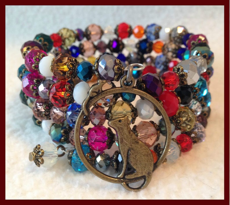 Cat /& Mouse 4 wrap memory wire bracelet fits all size wrists bronze bead caps assorted colours of faceted rondelles,nickel free,colourful